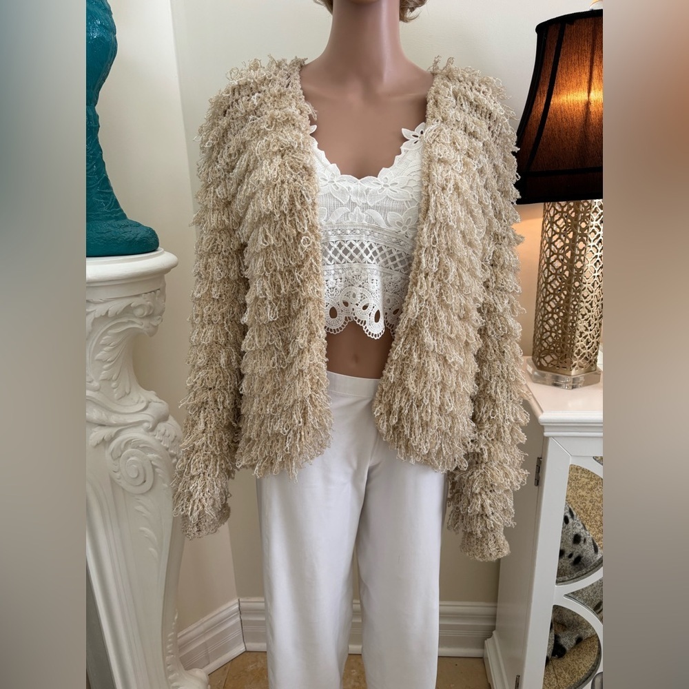Beige Textured Fringe Open Front Jacket - Picture 2 of 10